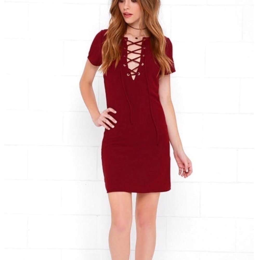 LULUS Burgundy Lace-up Short Sleeve Dress